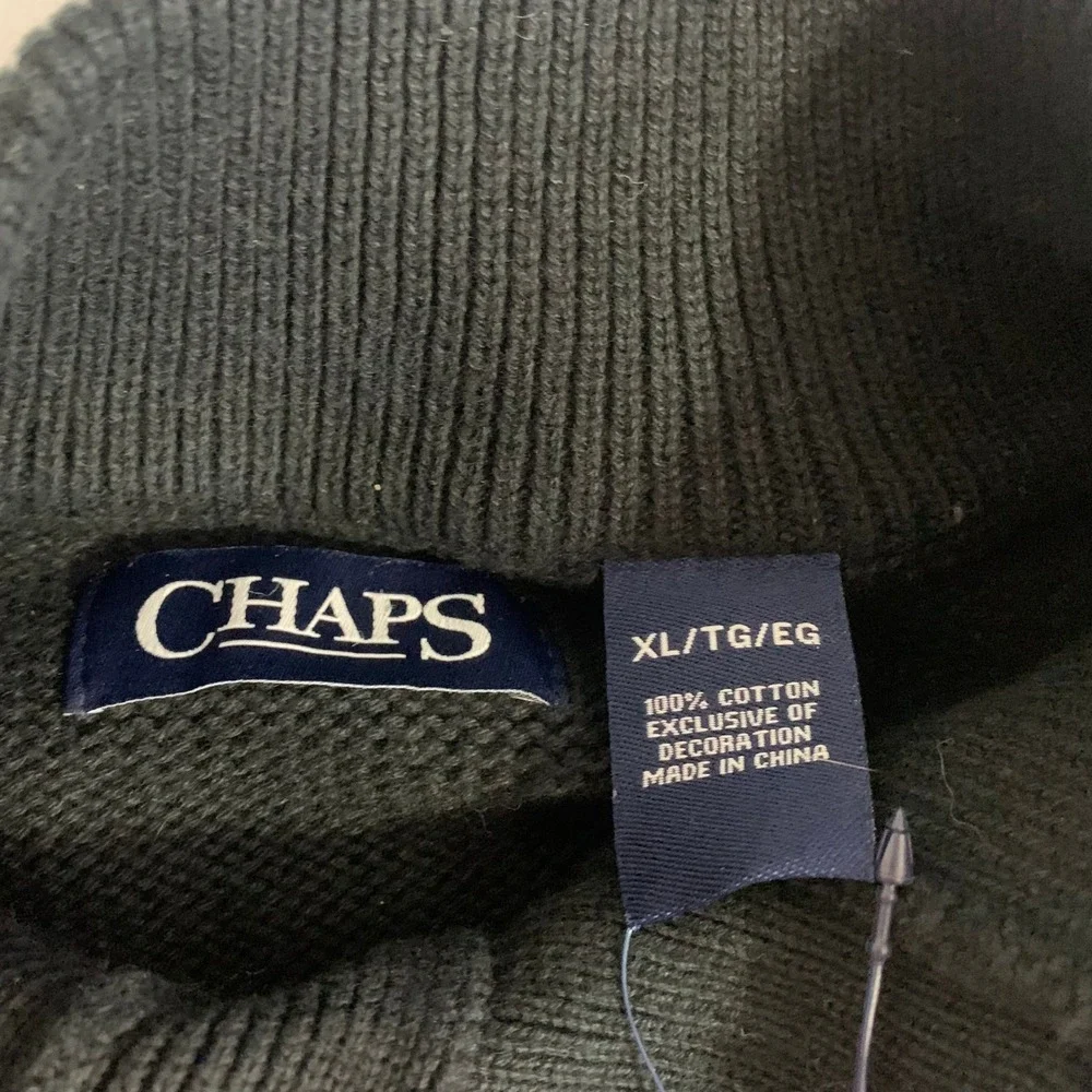 Chaps Mens Sweater XL Black Gray Fair Isle Geometric Mock Neck Button NWT Cotton